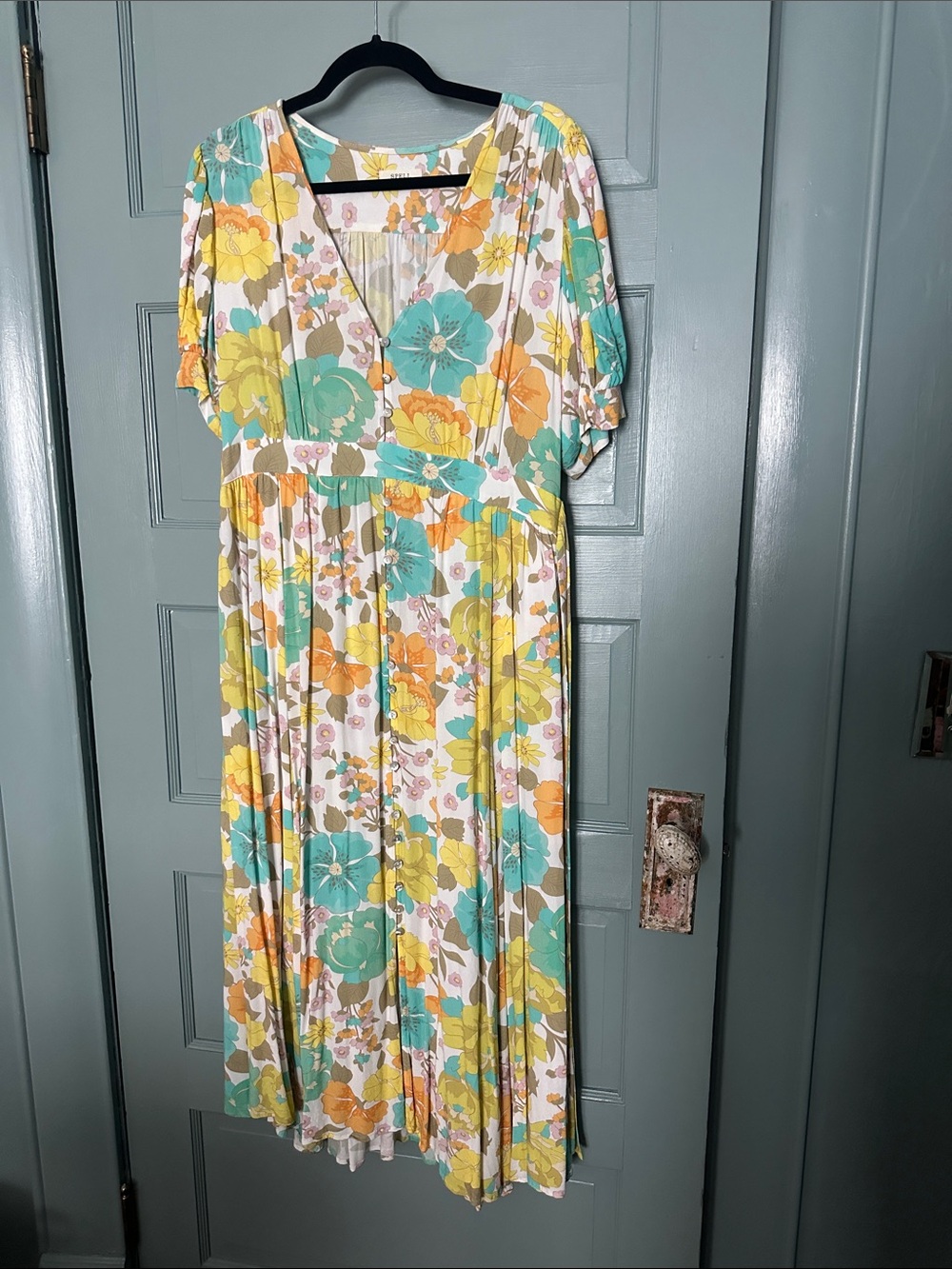 Spell Lemonade Soirée Midi DressFloral V-Neck Midi Dress in Teal, Yellow & Cream